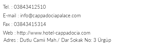 Cappadocia Palace Hotel telefon numaralar, faks, e-mail, posta adresi ve iletiim bilgileri